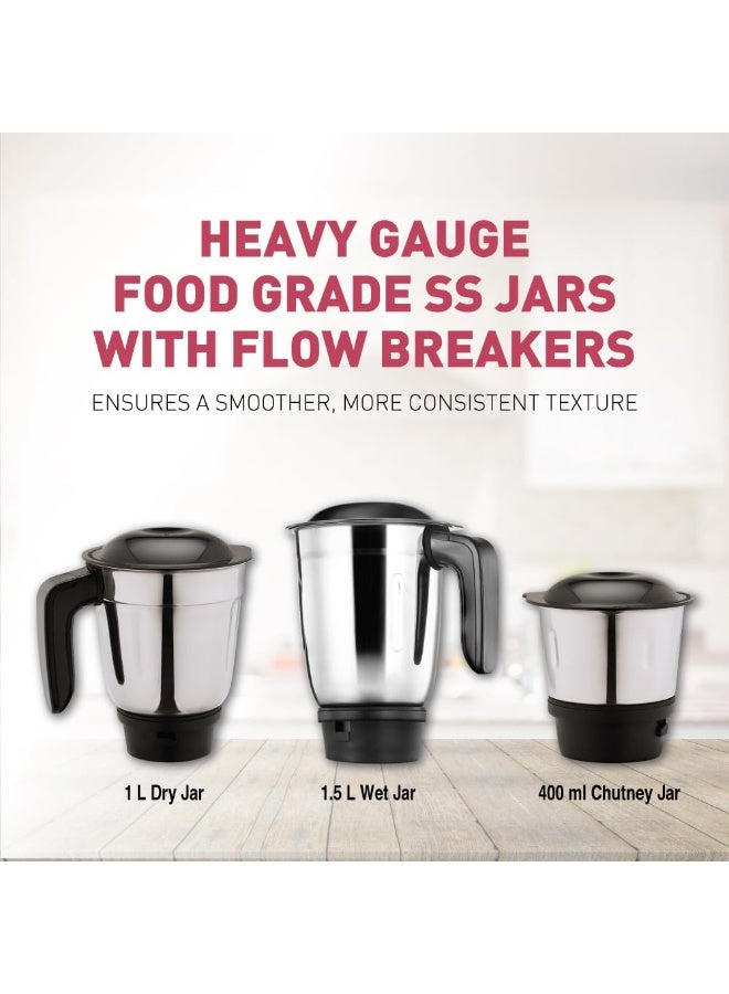 USHA Colt Prime Mixer Grinder| 500W| Powerful 100% Copper Motor| Rust Resistant Stainless Steel Jars & Blades| Uniform Grinding with 3 Jars| 5 Years Motor Warranty - Image 2